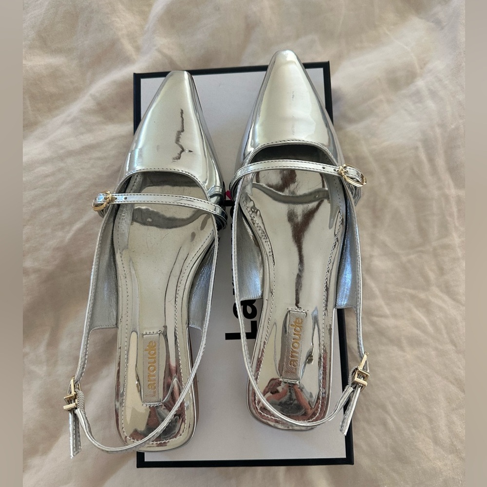 Larroude Silver Flats with Adjustable Ankle Straps